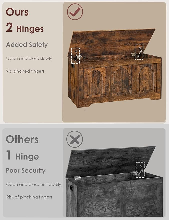 DINZI LVJ Storage Chest, 39.4â Wooden Toy Box with 2 Safety Hinges, Entryway Shoe Bench with Flip-Top, Sturdy Large Storage Trunk for Living Room, Bedroom, Playroom, Easy Assembly, Rustic Brown