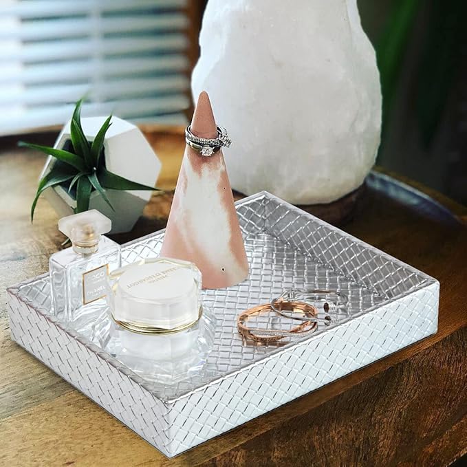 Rectangular Faux Leather Small Serving Tray 10" x 8" Modern Elegant Decorative Tray for Coffee Table Jewelry Perfume Organizer Living Dining Room Coffee Table Bathroom Office (Silver)