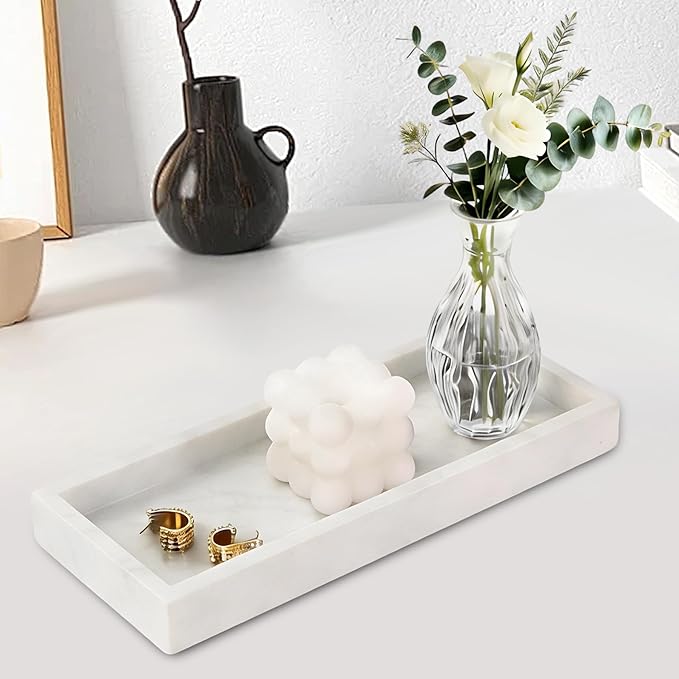 Natural Marble Tray, Stone Tray for Bedroom/Bathroom/Kitchen/Vanity Countertop, Jewelry Tray for Rings Earrings Necklace Bracelet Watch, Room Decor Aesthetic