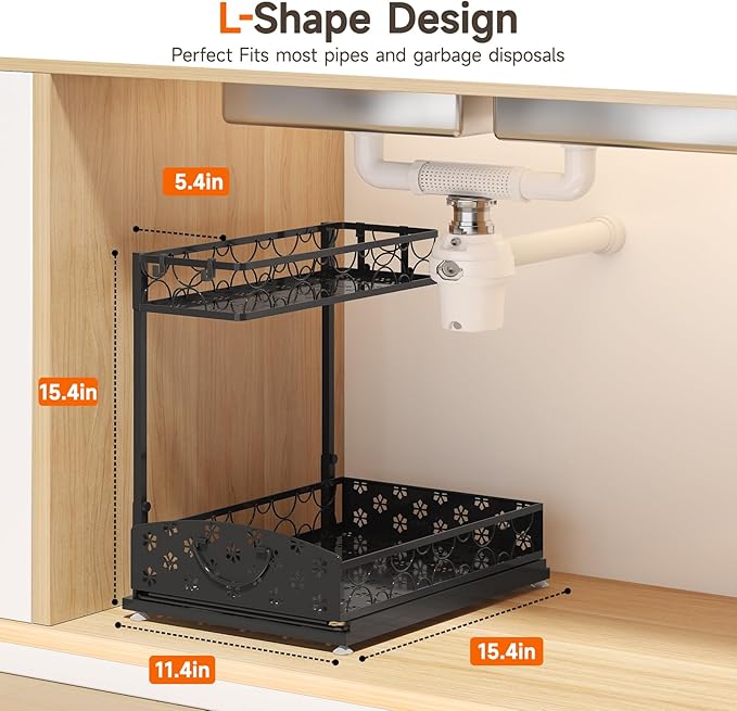 2 Packs Under Sink Organizer, High Adjustable 2 Tier Under Kitchen sink organizer, Multi-Purpose Storage Shelf for Kitchen Bathroom Cabinet, Black (Black02)