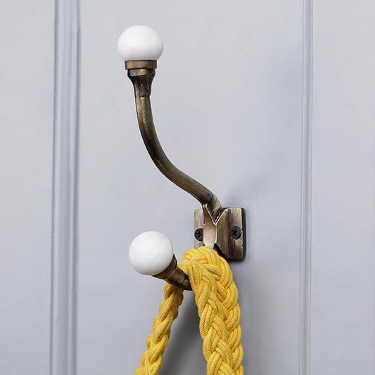Indian Shelf Pack of 6 Heavy Duty Double Prong White Decorative Coat Hooks Unique Coat Rack Wall Mount Ceramic Wall Hooks for Hanging Towel Holder Backpack Purse Hanger- Style 8
