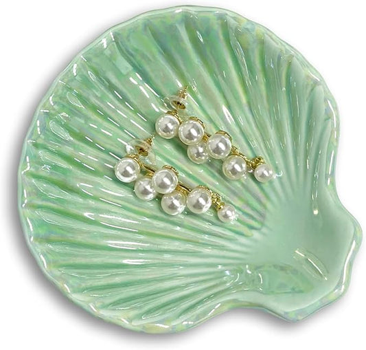 Ceramic Shell Ring Holder Dish, Small Shell Trinket Dish, Beachy Jewelry Plate for Earrings Necklace Valentine's Mother's Day Christmas Birthday Gifts for Women, 3.9", Ice Green Iridescent Surface
