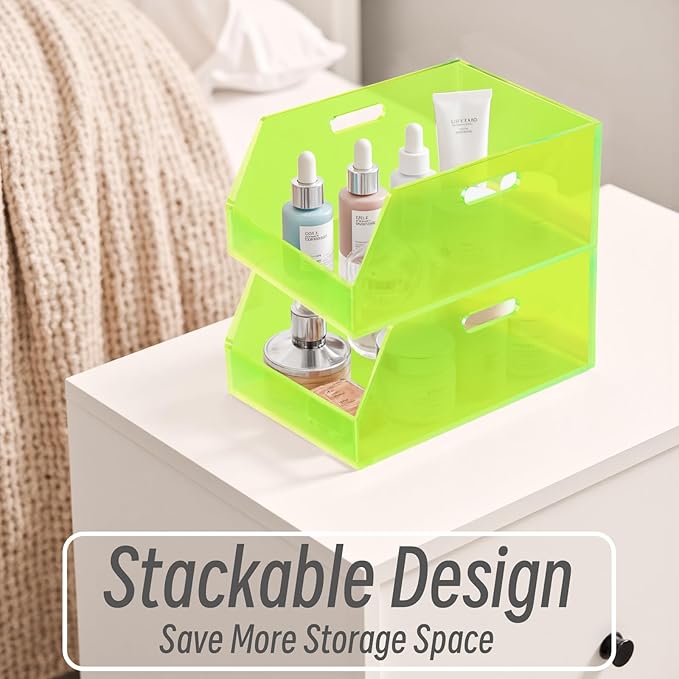 Gelite Stackable Storage Bins Open Front Organizer Bins with Handles Acrylic Storage Container for Pantry Kitchen Cabinet Bathroom Closet Office Organization, 11.4x7.5x5.1'', Neon Green