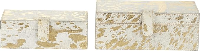 Deco 79 Leather Handmade Decorative Box Decorative Keepsake Boxes with Gold Foil Paint, Set of 2 Storage Boxes 8", 10"W, Gold