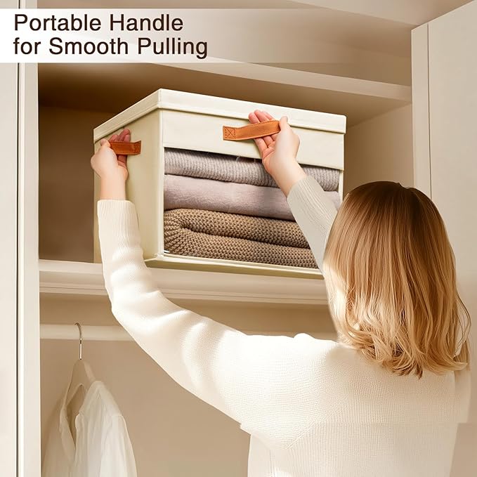 Large Storage Bins with Lids - 6 Pack Foldable Decorative Organizers with Clear Windows & Handles, Cube Storage Organizers for Clothes, Blankets, Sweaters, Sheets, Beige