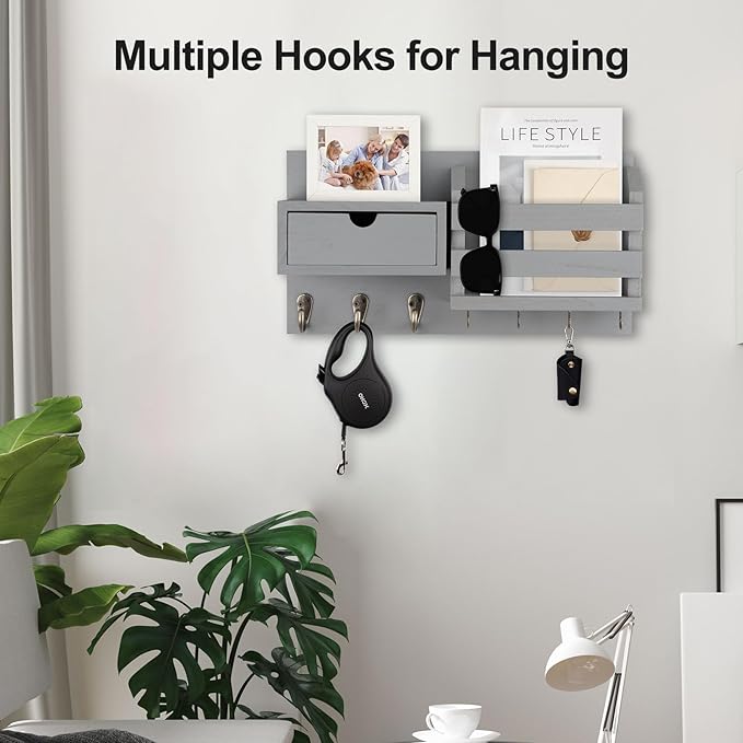 Wall Mount Key Holder with Mail Organizer, 100% Paulownia Wood, 7 Metal Hooks, Storage Drawer, Entryway Home Decor (Gray)