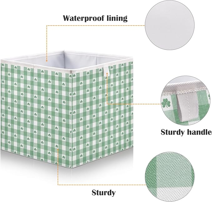 Bolaz Green White Gingham Pattern Shamrocks Closet Organizers Storage Cubes Storage Bins Shelf Baskets Containers for Home Room Office,Rectangle