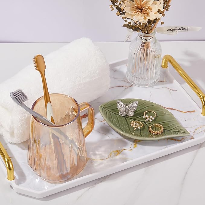 Jewelry Dish Trinket Tray for Women, Ring Dish Holder, Unique Leaf Shape Ceramic Plate Cute Things Vanity Aesthetic Room Decor Mother's Day Birthday Christmas Warm House Gifts (Green)