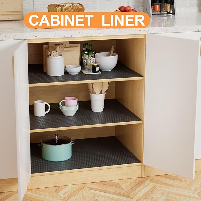 FLPMIX 17.7-in Cabinet Shelf Liner: Black Waterproof Kitchen Cabinets Liners 17.7 Inch Wide x 25 FT - Easy to Cut Large Drawer Mat for Cupboard Pantry Shelving