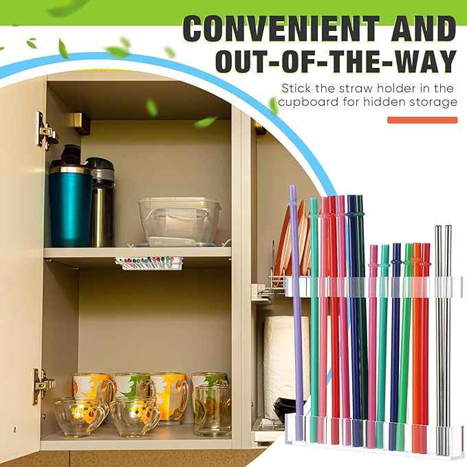 Baderke Straw Holder for Cabinet Reusable Straw Organizer with Double Sided Adhesive Tape Screws Storage Container for Kitchen Counter Cupboard(Clear,Novel)