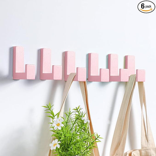 6 Pack Cute Kids Coat Wall Hooks Wooden Adhesive Decorative Colorful Wall Mounted Hangers Backpack Hooks for Hanging Keys Towel Clothes Bathroom Organization(Pink)