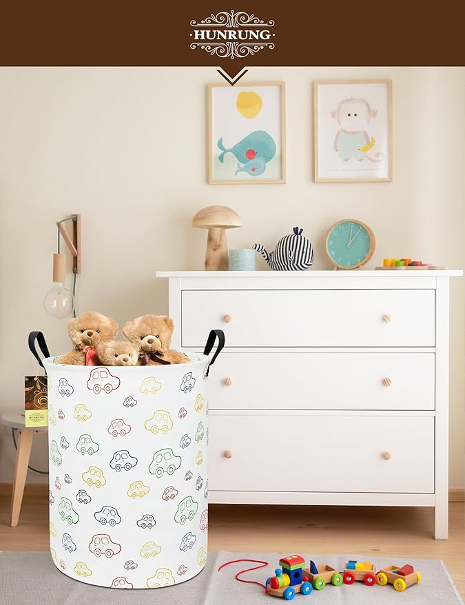 HUNRUNG Laundry Hamper,Large Canvas Fabric Lightweight Storage Basket Toy Organizer Dirty Clothes Collapsible Waterproof for College Dormsï¼Round-Carï¼