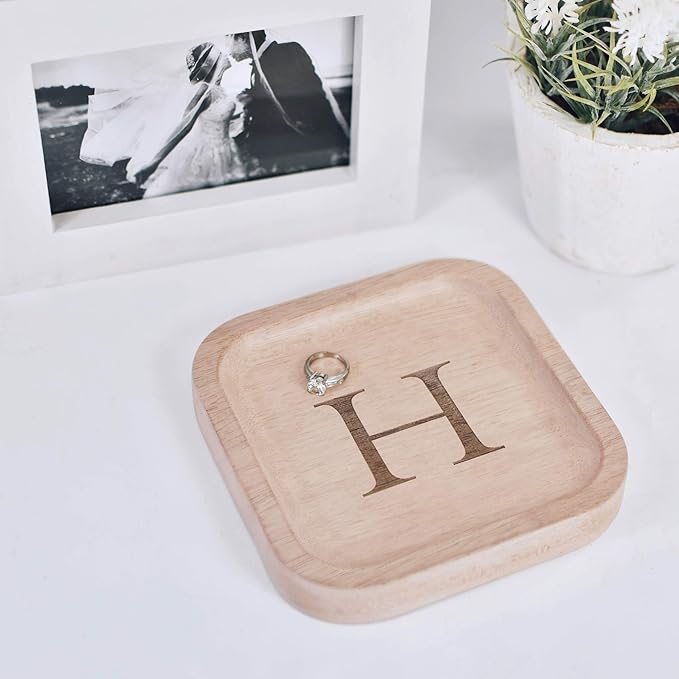 I'm Wooden Personalized Letter Catchall Valet Tray Trinket Dish Jewelry Tray Key Bowl Decorative Plate Organizing Ring Earrings Necklaces Bracelet Watch Coins Wallet Holder (6"x6" Sq Natural H)