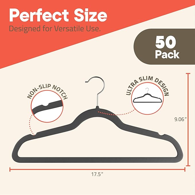 Gray Velvet Hangers 50 Pack – 360° Swivel Hook, Non-Slip and Space Saving Hangers, Heavy-Duty 11 lbs Weight Capacity - Smooth Velvet Finish for Crease-Free Clothes and Effortless Closet Organization
