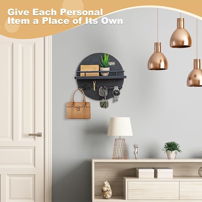 Key Holder for Wall, Key and Mail Holder Organizer with - Key Holder Wall Mount - Round Wooden Rustic Home Decor for Entryway, Mudroom, Hallway, Kitchen Office (Solid Black)