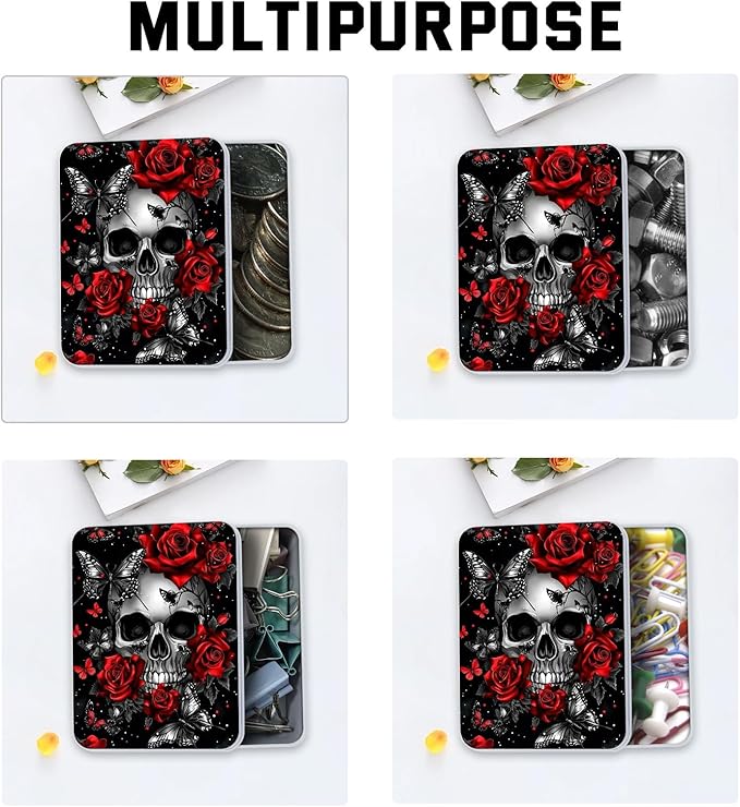 Metal Tin Box with Lid,Multi-functional Storage Large Box Can Store Tea Biscuits Game Cards, Playing & Tarot Cards-Comes with 4 Magnetic Cord Clips,Skull Roses Butterfly