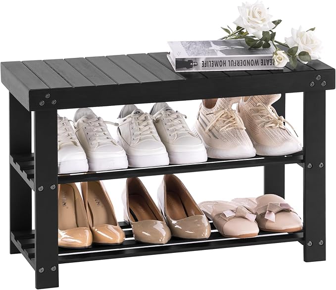 Apicizon Bamboo Shoe Rack for Entryway, 3-Tier Shoe Rack Bench for Front Door Entrance, Small Shoe Organizer with Storage, Black