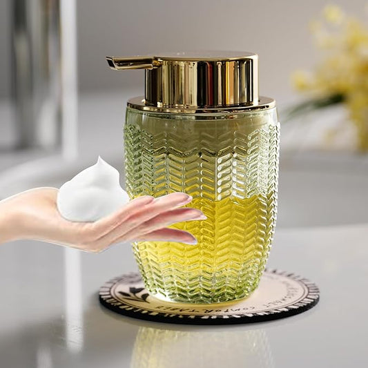 Foaming Hand Soap & Lotion Dispenser, Refillable Glass with Large Gold Pump(Barrel Pattern-Green)