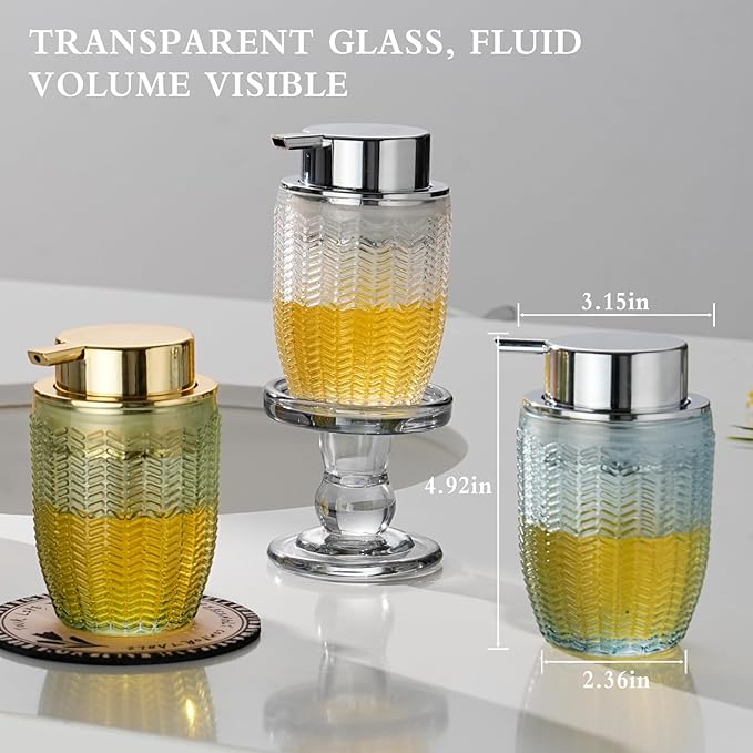 Foaming Hand Soap Dispenser, Glass Foam or Lotion Dispenser for Kitchen & Bathroom Refillable Liquid Soap with Large Silver Pump(Barrel Pattern-Clear)