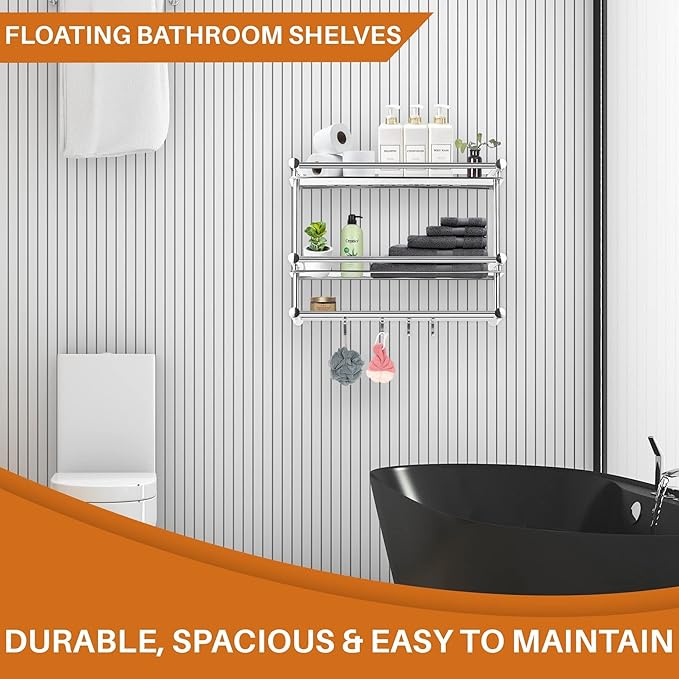 Cheer Collection Wall Mounted Shower Caddy - 2 Tier Stainless Steel Bathroom Shelves Organizer with Towel Hooks, No Drilling Necessary