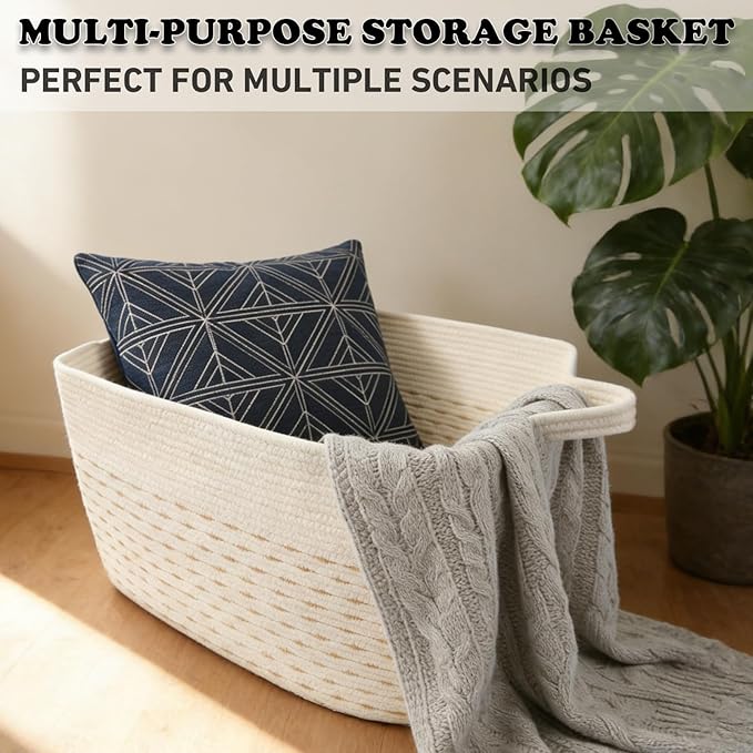 Magazine & Newspaper Baskets,65L Large Woven Rope Blanket Basket,21"x16"x12"Storage Bin with Handle,Toys Storage,Laundry Basket for Home Organization/Living Room/Nursery/Bedroom,White&Yellow