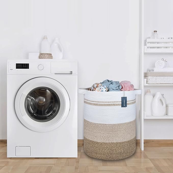 COMSE Extra Large Blanket Basket, Tall Laundry Basket, Nursery Hamper, 15.7âx 21.7â, Cotton Rope Woven Laundry Hamper for Storage Toys Clothes Towels, Gradient Brown