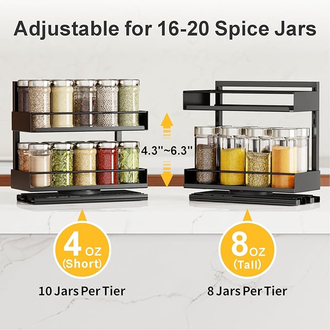 iSPECLE Spice Rack Organizer for Cabinet - 2 Pack Rotate Pull Out Spice Racks for Easy Access, Adjust Height to Fit 4 oz to 8 oz Spice Jars, Peel and Stick, 10.2" D for Small Kitchen Cabinet