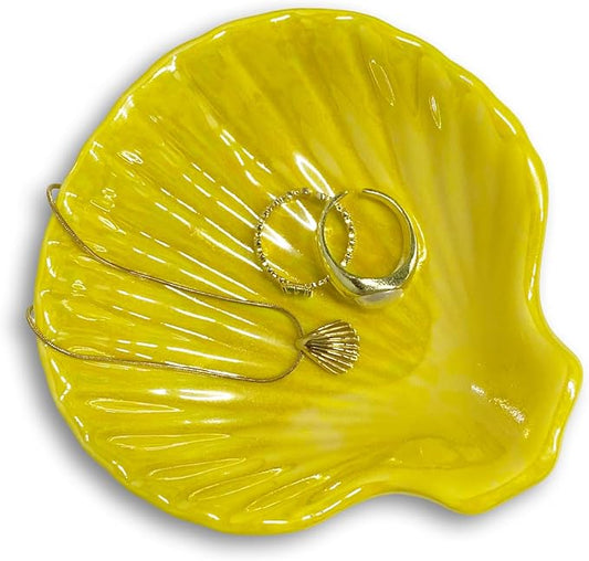 Shell Trinket Dish, Ceramic Jewelry Dish Tray, Cute Organizer Plate for Jewelry, Seashell Jewelry Ring Holder, Birthday Mother's Day Christmas Gift for Women, 3.9", Bright Yellow Iridescent Surface