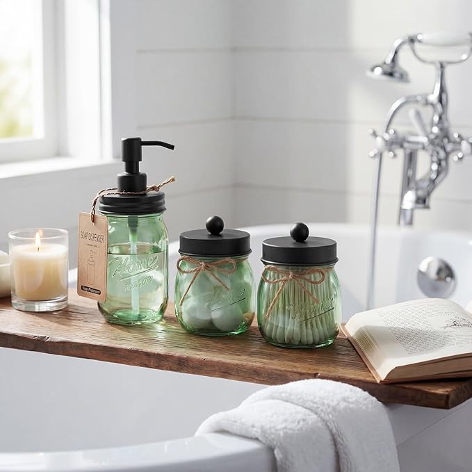 Amolliar 4PCS Bathroom Accessories Set (Lotion Soap Dispenser, Toothbrush Holder, 2 Qtip Holders), Rustic Farmhouse Decor, Green Glass Organizer for Countertop & Vanity, Bathroom Essentials, Black