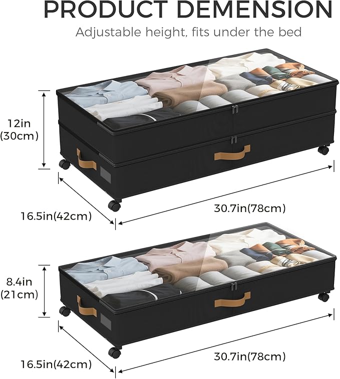Under Bed Storage with Wheels 4-Pack, 75L XXL Under the Bed Storage Containers Large, 12" Tall Adjustable Storage for Underbed with Lids, Rolling for Shoes, Clothes, Blankets (4PCS-Black)