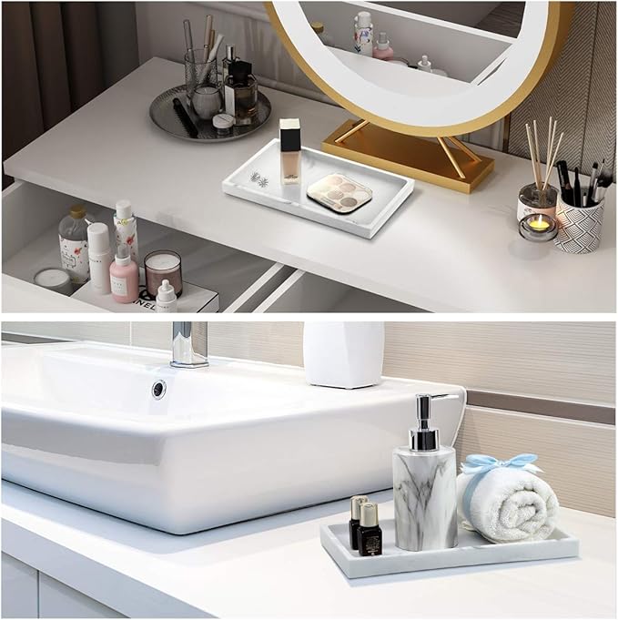 Emibele Bathroom Tray, Resin Countertop Vanity Tray Jewelry Storage Dresser Tray Kitchen Toilet Tank Tray Organizer for Candle Plant Perfume Shampoo Towel Home Decor, Medium, Gravel White