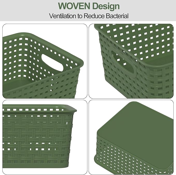 6 Packs Plastic Organizer Shelf Baskets, Desktop Weave Storage Basket, Green Storage Baskets for Cabinet, Pantry
