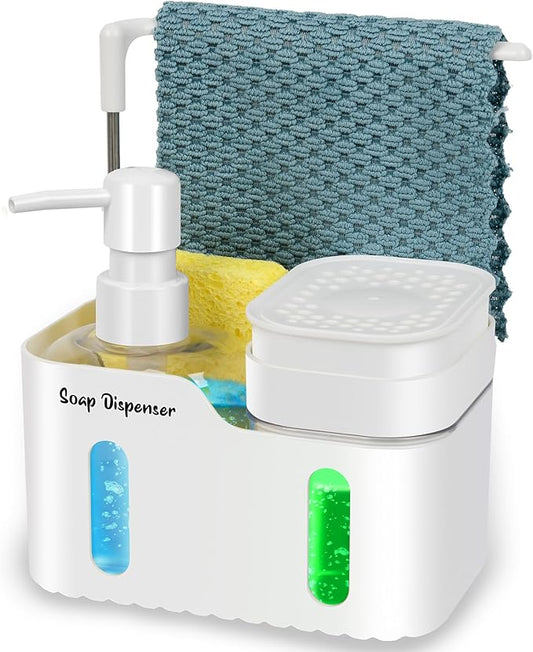 Hand Soap and Dish Soap Dispenser Set for Kitchen, Dual Soap Dispenser with Sponge Holder and Dishcloth Holder 4-in-1 Organizer for Kitchen Sink Countertop, Useful Kitchen Gadgets (White)