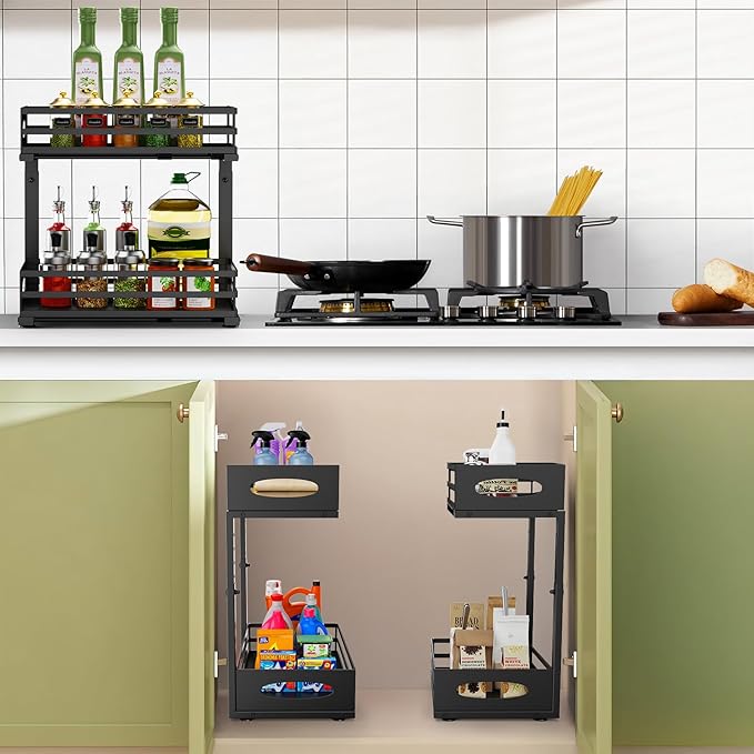 Under Sink Organizer, Slide Sink Steel Shelf Cabinet Storage Shelves, Height Adjustable Under Sink Organizers and Storage, 2 Tier Pull Out Drawer Cabinet Organizer for Kitchen Bathroom