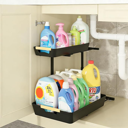 Under Sink Organizer,2 Tier Pull Out Adjustable Height Under Cabinet Storage,Under Sink Storage for Kitchen Bathroom Cabinet(1 Pack)