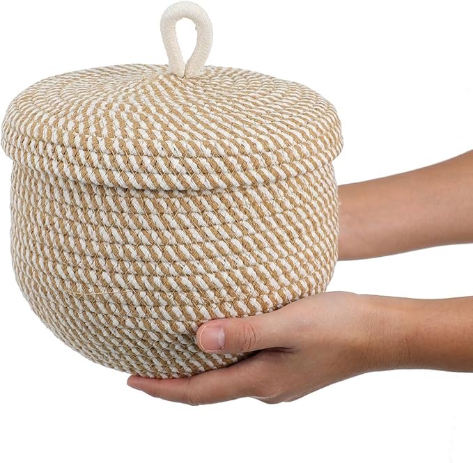Small Cotton Rope Storage Basket with Lid, 8 inch Round Woven Covered Basket for Organizing, Decorative Lidded Baskets for Nursery Shelf, Boho Makeup Organizer for Vanity Countertop