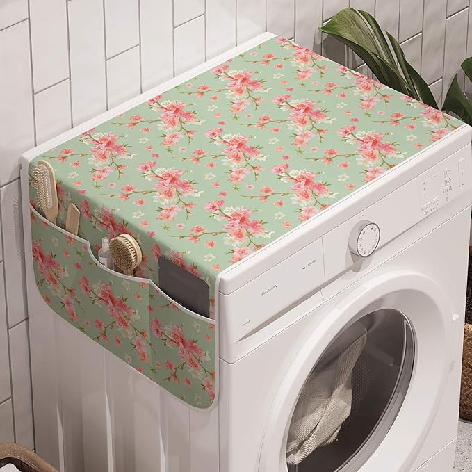 Ambesonne Shabby Flora Washing Machine Organizer, Retro Spring Blossom Flowers French Garden Florets Garland Artisan Image, Anti-slip Fabric Cover for Washers and Dryers, 47" x 18.5", Mint Pink