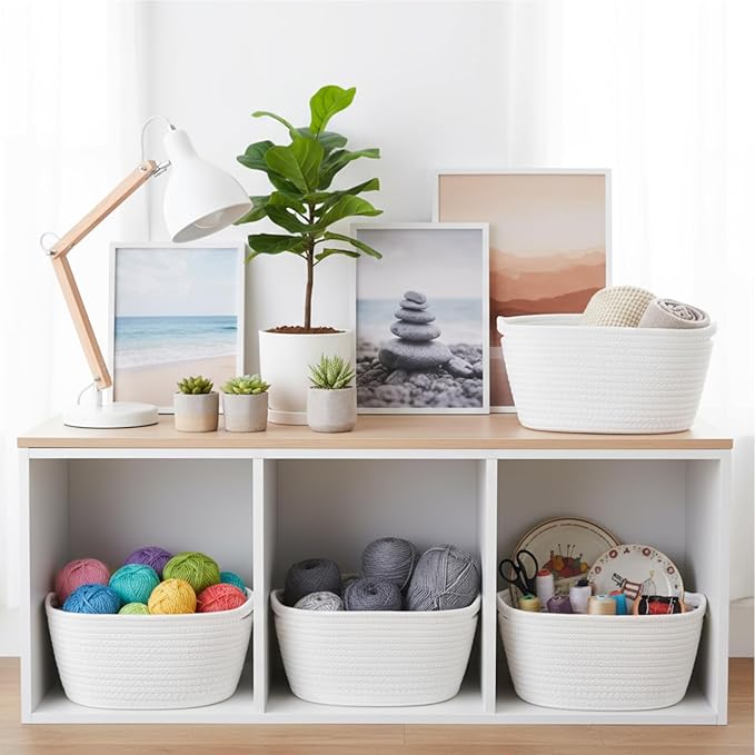 Sawysine 6 Pcs Storage Baskets Bulk for Organizing Cotton Rope Woven Basket with Handles for Gift Cloth Shelves Blanket Toys Living Room Bathroom(White)