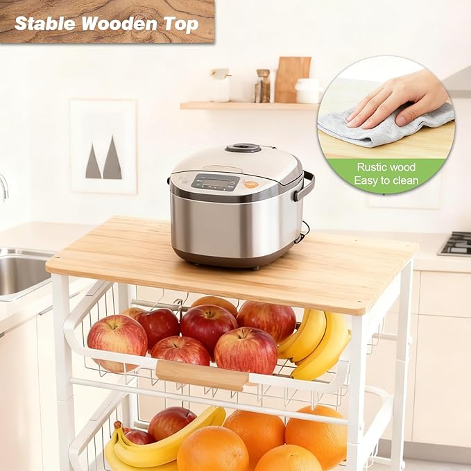 3-Layer Fruit Basket Kitchen Food Organizer and Rack Rolling Pantry Kitchen Cart On Wheels with Wood Top Table,Pull-Out Hollow Metal Basket for Sorting Spice Snacks Vegetables,White