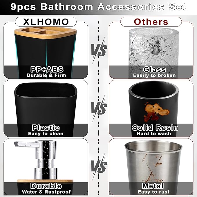 Bathroom Set Black Bathroom Trash Can, 9 Piece Bathroom Decor Toothbrush Holder, Cup, Lotion Dispenser, Tray, Soap Dish, Toilet Brush, Qtip Holder