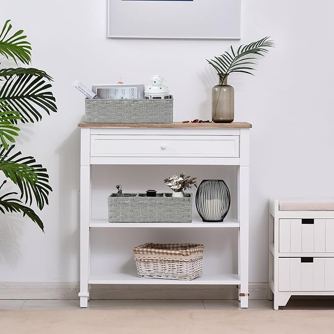 Bidtakay Narrow Wicker Bins for Organizing 2-Pack Decorative Baskets for Washroom Waterproof Imitation Small Wicker Storage Baskets for Shlef Closet Bedroom Entryway Office Desk Light Grey