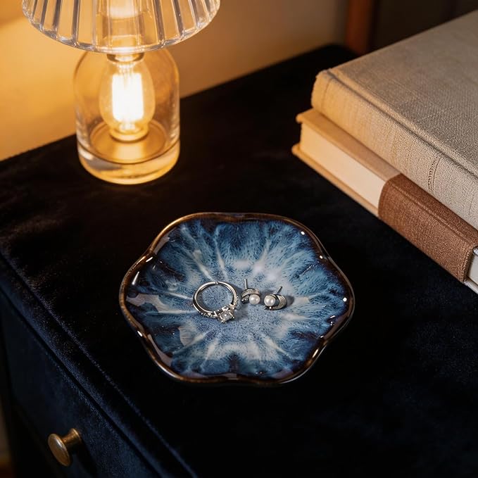 Blue Lotus Leaf Shape Ring Jewelry Dish Holder,Small Trinket Jewelry Tray,Decorative Jewelry Plate Bowl,Key Bowl,Birthday Engegament Gifts for Women Friends,Ceramic