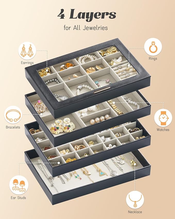 Large Jewelry Organizers and Storage Box, 4 Layers Stackable Jewelry Organizer Trays Clear Lid Cover for Drawers, Jewelry Boxes for Women, Stacker Jewelry Display Case (Black)