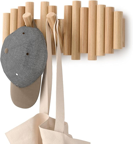 Umbra Picket Coat Rack Wall Mount – 5 Flip-Down Wood Coat Hooks, Modern & Functional Storage, Easy Install Wall Hooks, Natural