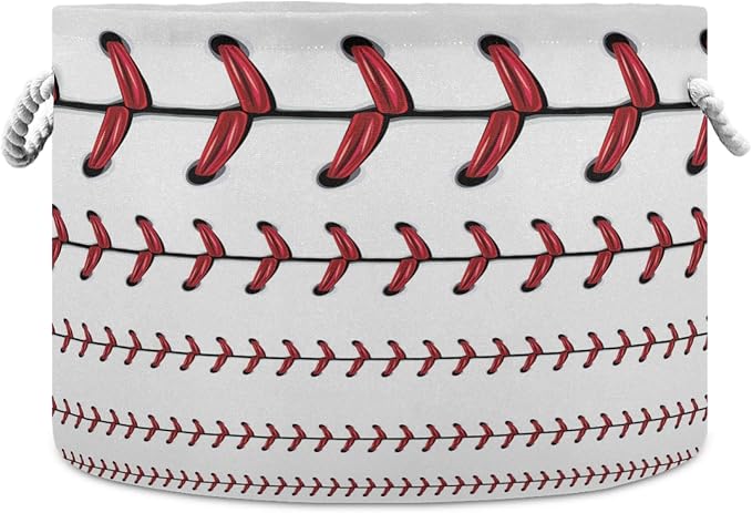 visesunny Storage Basket Softball Baseball Red Lace Over White Pattern Nursery Hamper Canvas Fabric Toy Storage Organizer Bin Storage Box Laundry Basket for Kid Rooms,Playroom