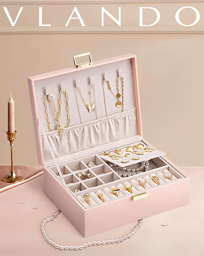 Vlando 2 Layer Jewelry Box Large Jewelry Organizer for Women Removable Jewelery Tray for Necklace Earrings Rings Bracelets Jewelry Boxes Gifts for Women (Pink)