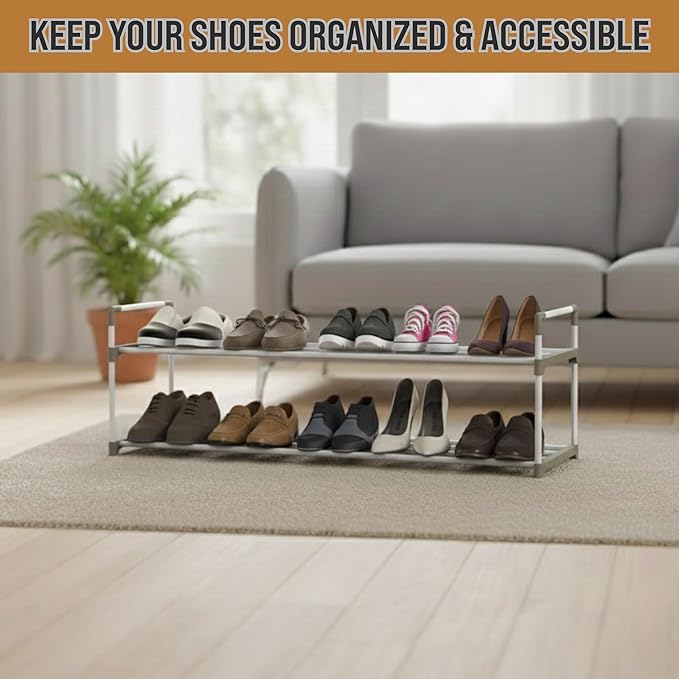 Shoe Rack - 2-Tier Shoe Organizer for Closet, Bathroom, Entryway - Shelf Holds 10 Pairs Sneakers, Heels, Boots by Home-Complete (White)