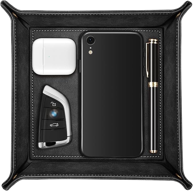 SITHON Valet Tray Desktop Storage Organizer â Premium PU Leather Catchall Bedside Vanity Tray Nightstand Caddy Holder for Keys, Phone, Wallet, Coin, Jewelry, Valentine's Day Gift, Black