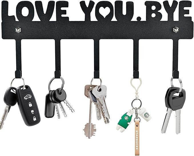 Key Holder Wall Mount – 'Love You.Bye' Entryway Organizer with 5 Hooks,Black Metal Key Hanger (10x4 Inch) – No Drill Adhesive or Screws for Easy Installation