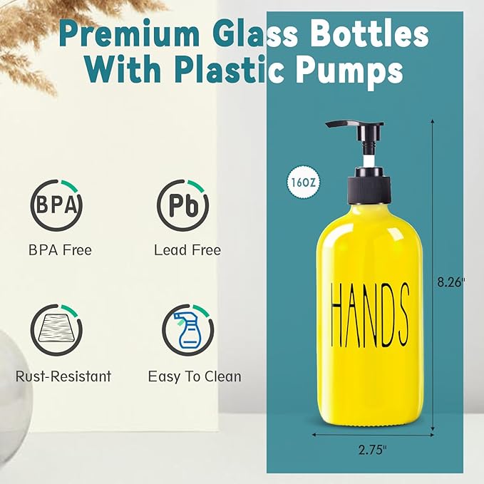 Glass Soap Dispenser Set 2 Pack,16 Oz Dish Soap Dispenser for Kitchen Sink,Lemon Kitchen Decor and Accessories,Yellow Decorations and Kitchen Utensils for Kitchen